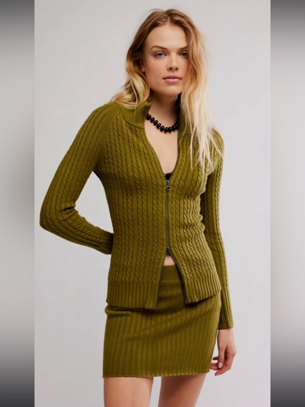 Free People Eliza Cable Zip-Up Cardigan & Ribbed Miniskirt SET in Cardamom Seed